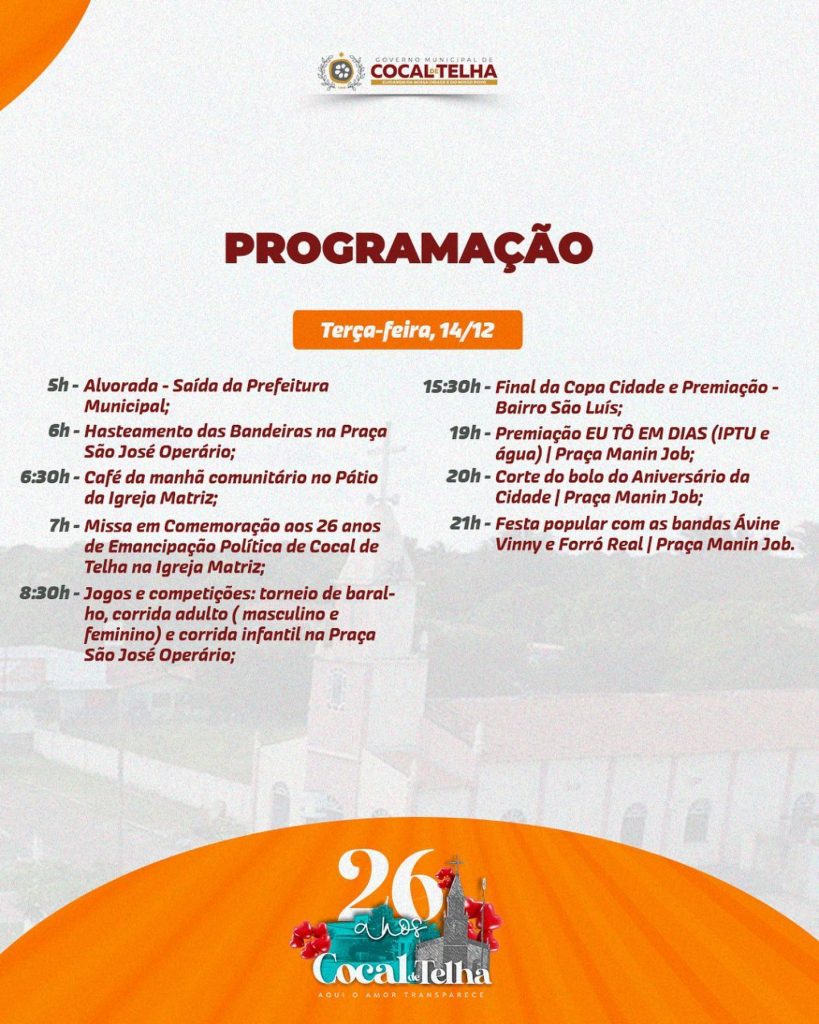 Prefeitura de Cocal de Telha divulga programação do aniversário de 26