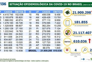 Brasil registra mais de 610 mil mortes por covid-19