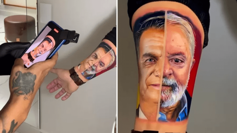Homem viraliza após tatuar rostos de Lula e Bolsonaro no braço-min
