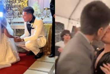Amigo beija noivo na frente da noiva em casamento