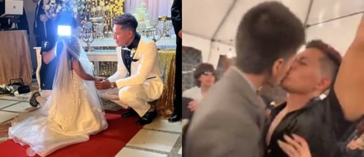 Amigo beija noivo na frente da noiva em casamento