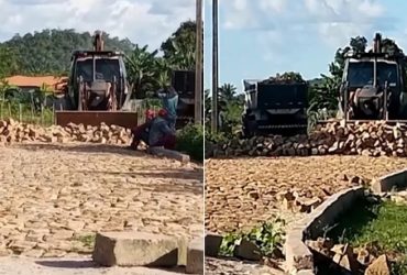 Construtora não paga fornecedor e retroescavadeira retira calçamento no interior do Piauí