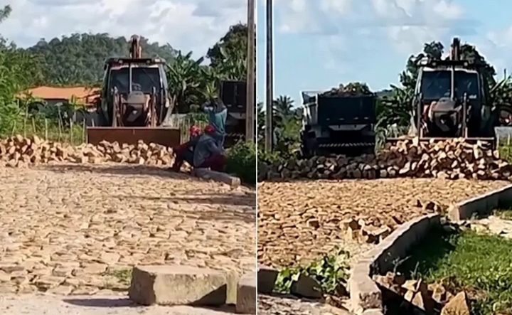 Construtora não paga fornecedor e retroescavadeira retira calçamento no interior do Piauí