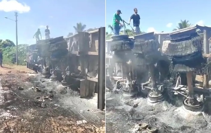 Carreta frigorífica tomba e pega fogo na BR-135 no Piauí 