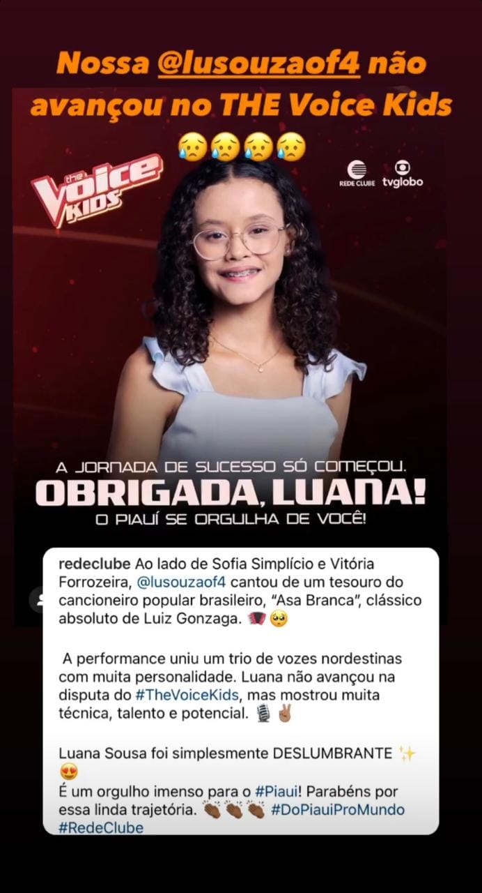 Campomaiorense Luana Souza conquista o coração do Brasil no The Voice Kids e se despede emocionada com elogio de Carlinhos Brown