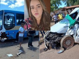 Carro fica totalmente destruído e vítima presa nas ferragens em colisão frontal com ônibus escolar em Altos