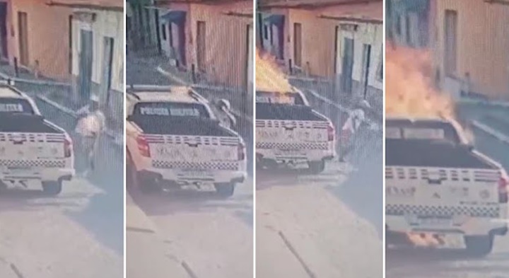 Vídeo: Homem é flagrado ateando fogo em viatura da PM do Maranhão