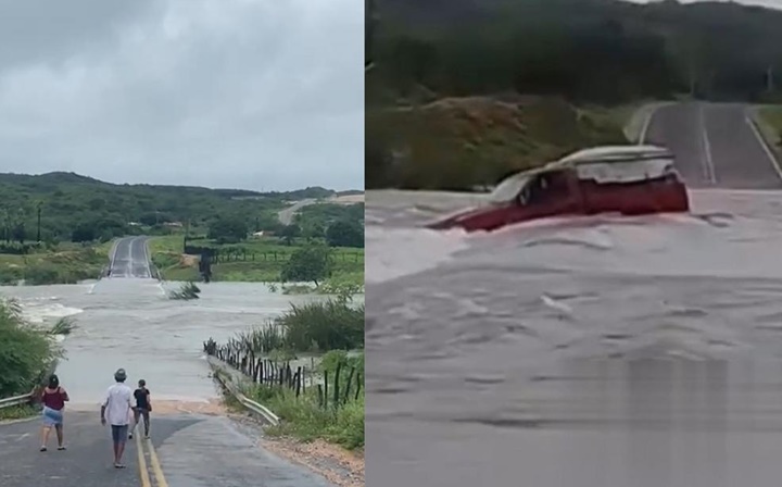Altos volumes de chuvas faz barragem transbordar e arrastar veículo no Piauí