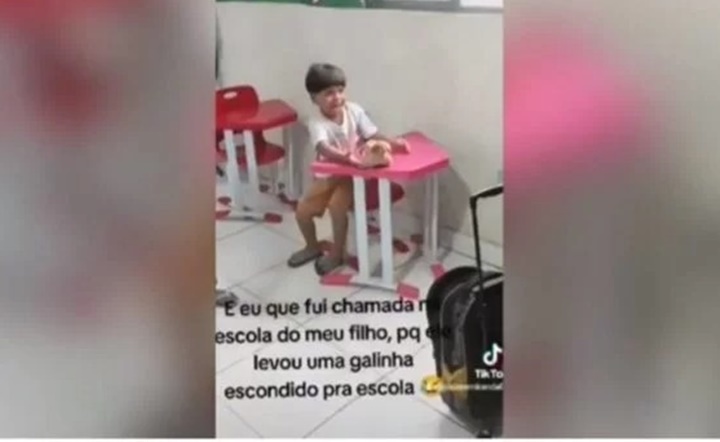 Criança viraliza na internet após levar galinha escondida na mochila para a escola