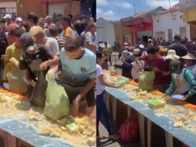 Vídeo: Moradores disputam pedaço de bolo gigante durante aniversário de cidade piauiense