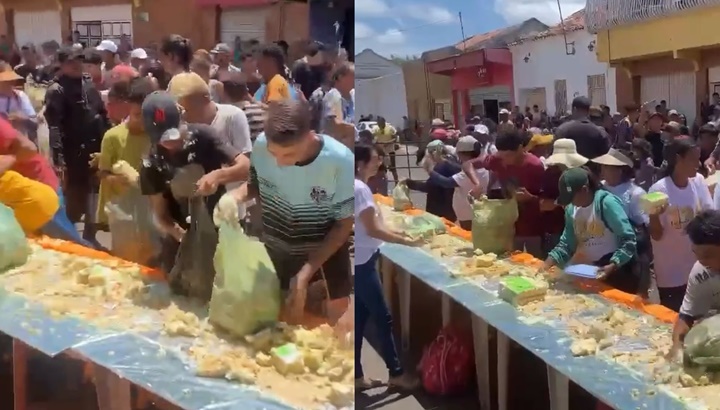 Vídeo: Moradores disputam pedaço de bolo gigante durante aniversário de cidade piauiense 