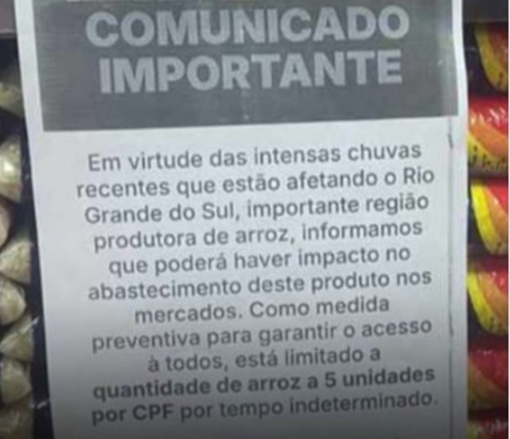 Supermercado de Fortaleza limita venda de arroz devido às cheias no Rio Grande do Sul